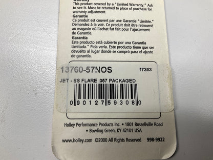 (10) Holley 13760-57NOS NOS Precision SS Stainless Steel Nitrous Flare Jet .057