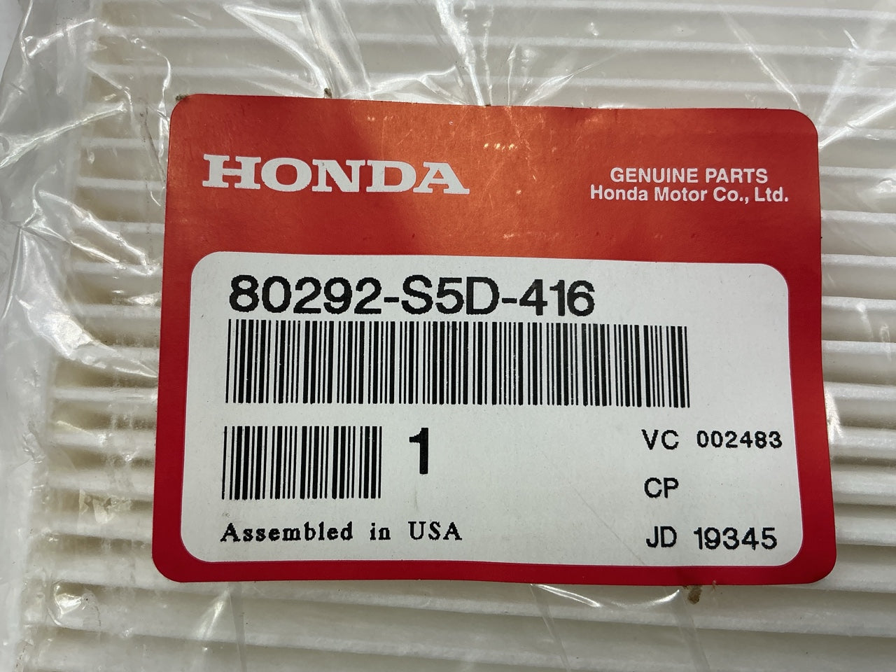 NEW - OEM Honda 80292-S5D-416 Cabin Air Filter