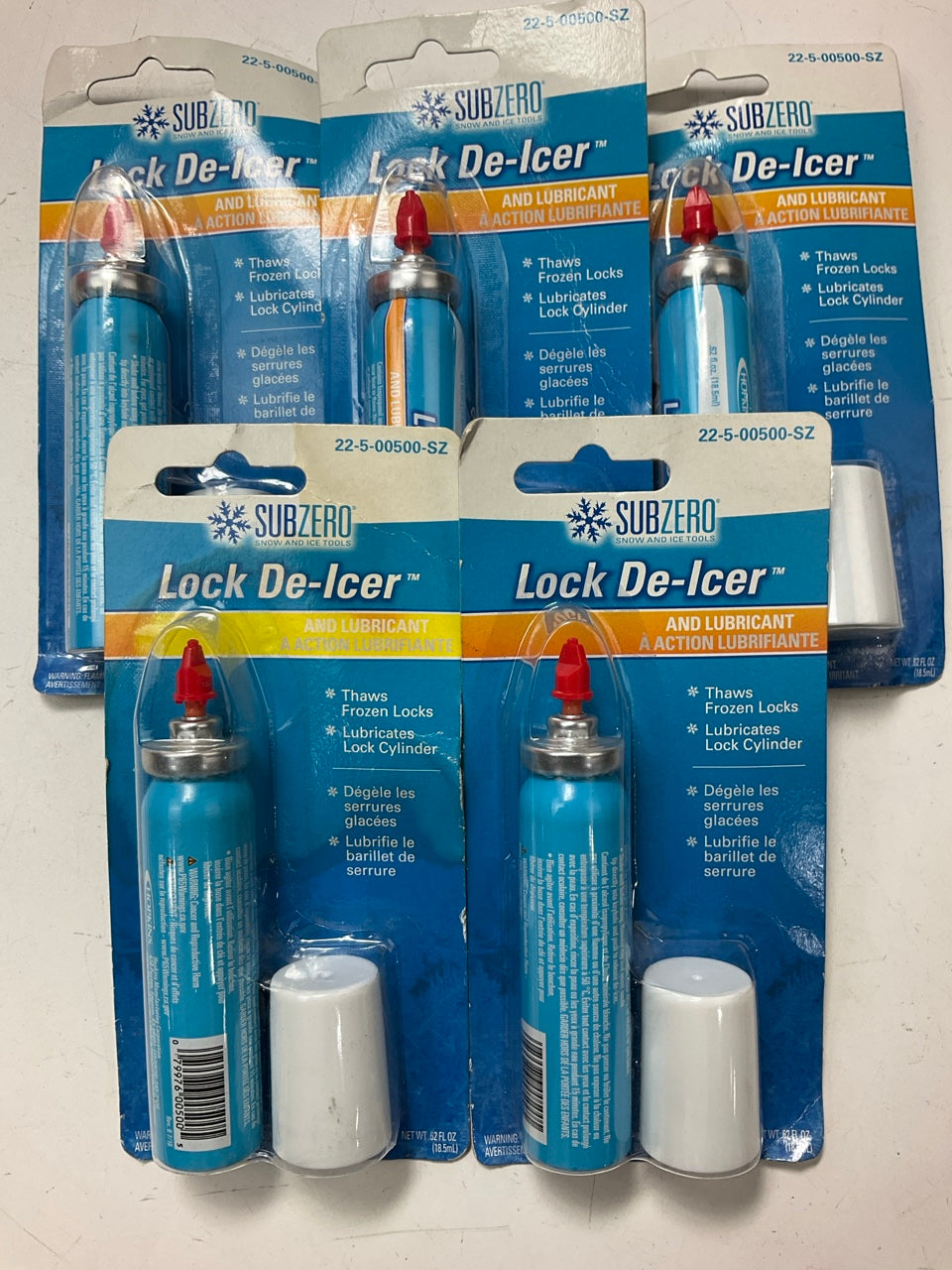 (5) SubZero Snow De-Icer Lubricant .62oz Thaws Frozen Locks For Auto Home Locks