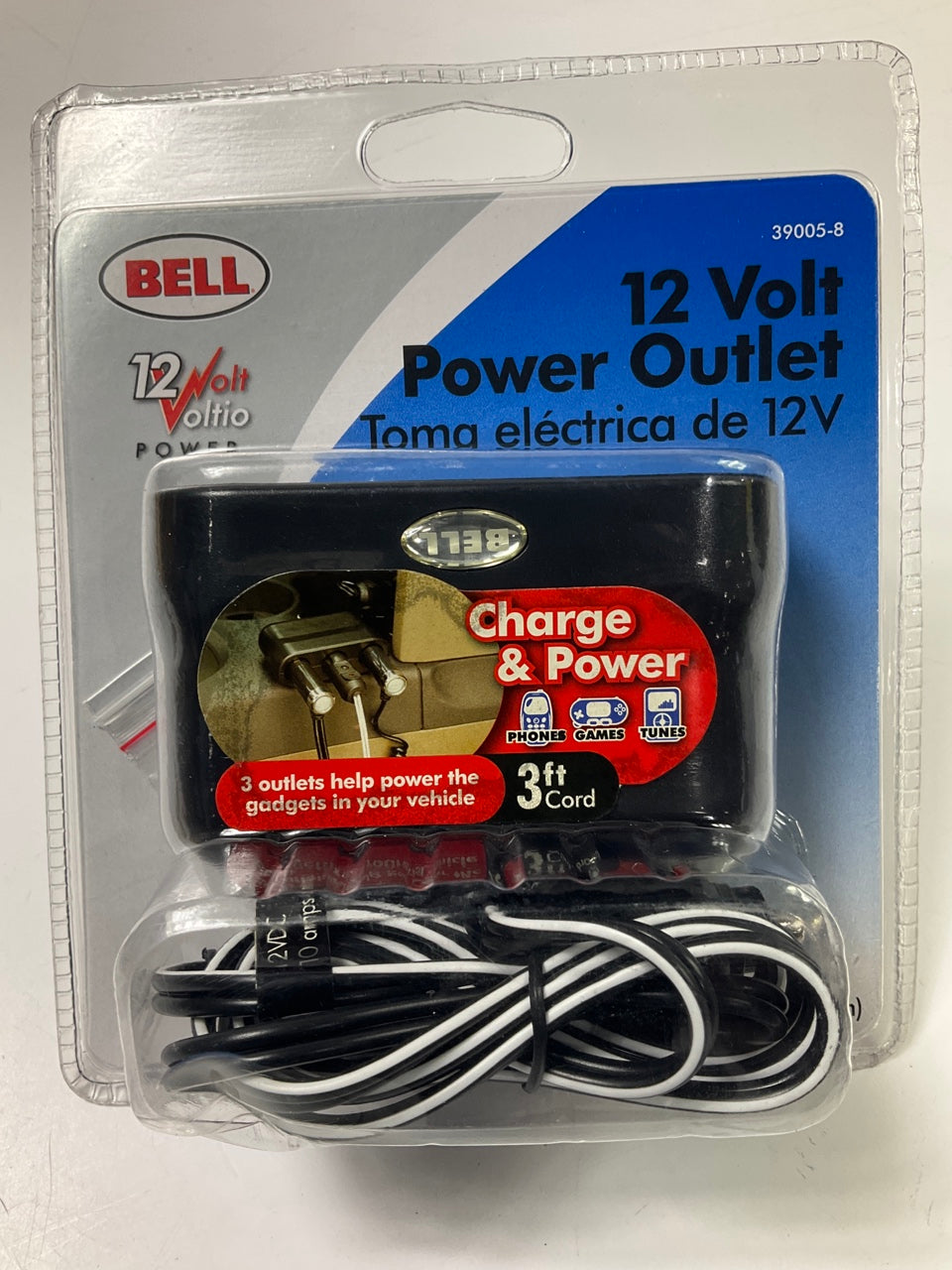 Bell 39005-8  12V Accessory Lighter Plug Direct Adapter Splitter 1 Into 3 Plugs