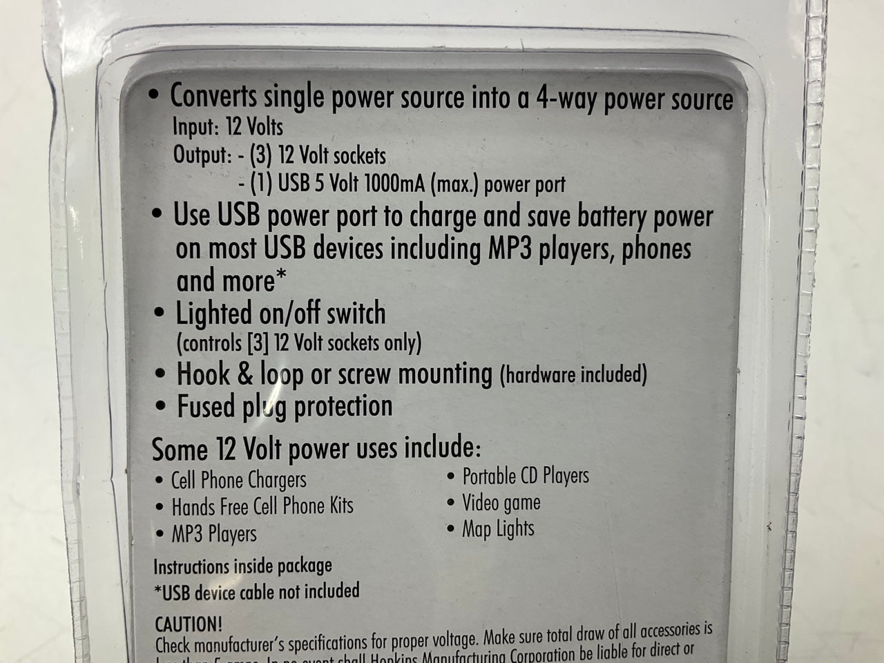 Hopkins 39256-8 12V Outlet 4-Way Power Port Splitter (3) 12V, (1) USB 5V Socket