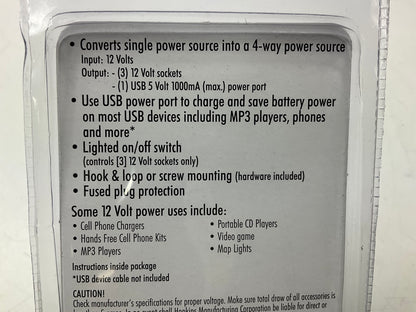 Hopkins 39256-8 12V Outlet 4-Way Power Port Splitter (3) 12V, (1) USB 5V Socket