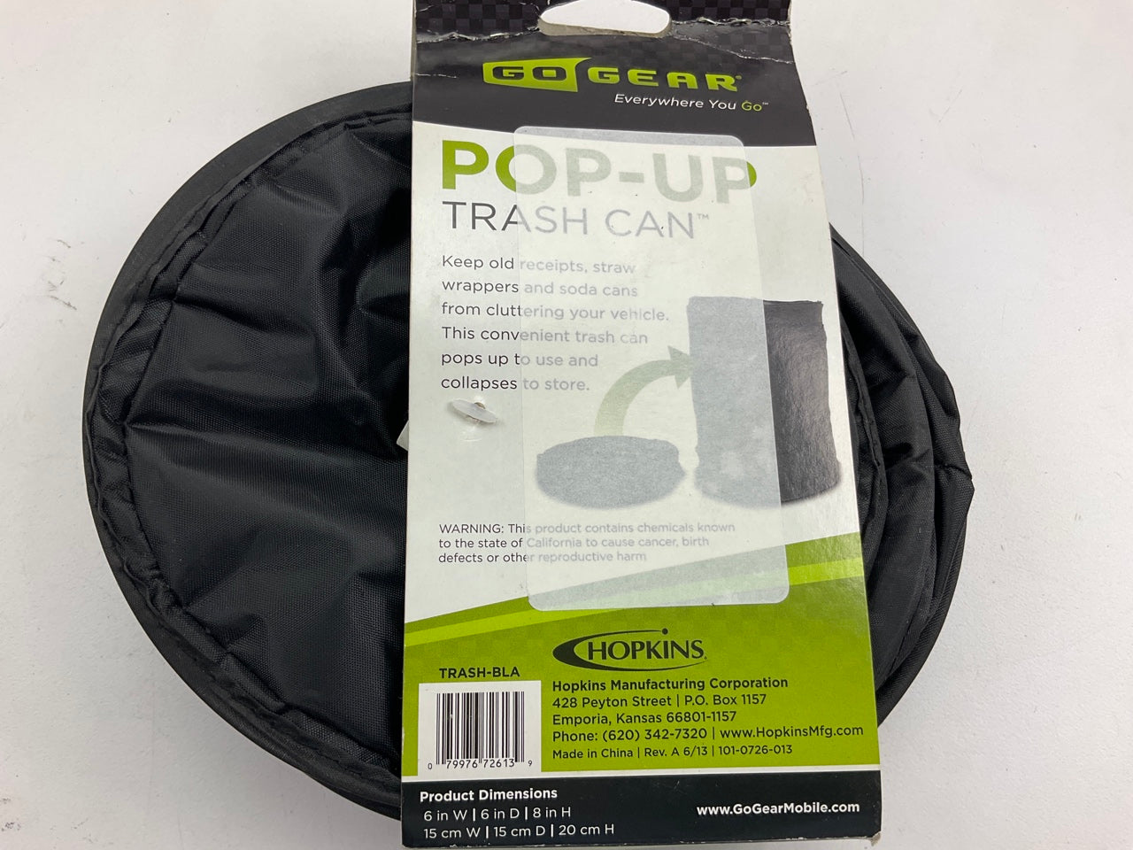 Hopkins TRASH-BLA, Pop-Up Round Trash Can, Collapsible, Black, 8'' Tall, 6'' Diam.