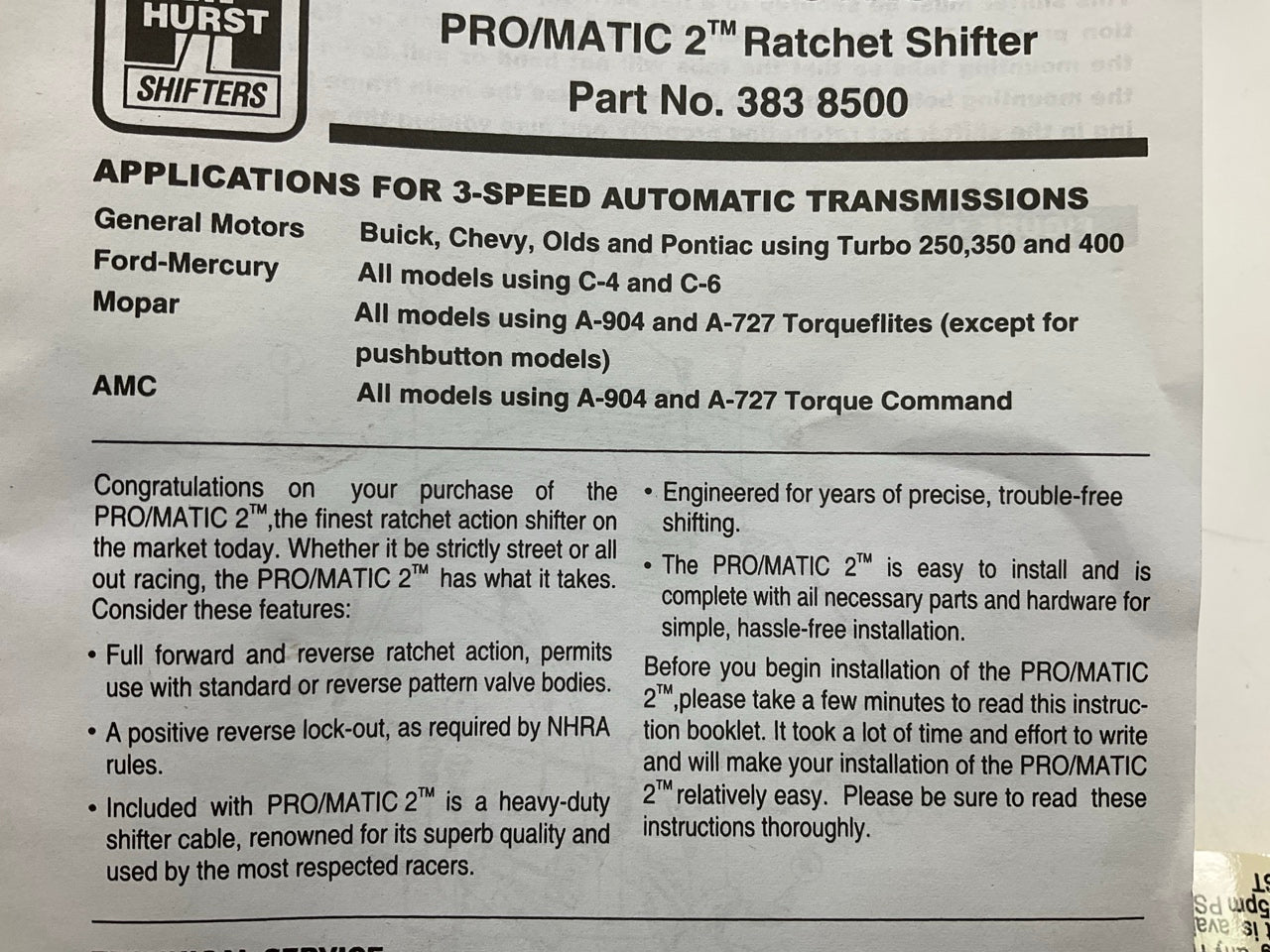 Hurst 383-8500 Pro-Matic 2 Automatic Shifter - Turbo TH350 TH400 Ford C4 C6