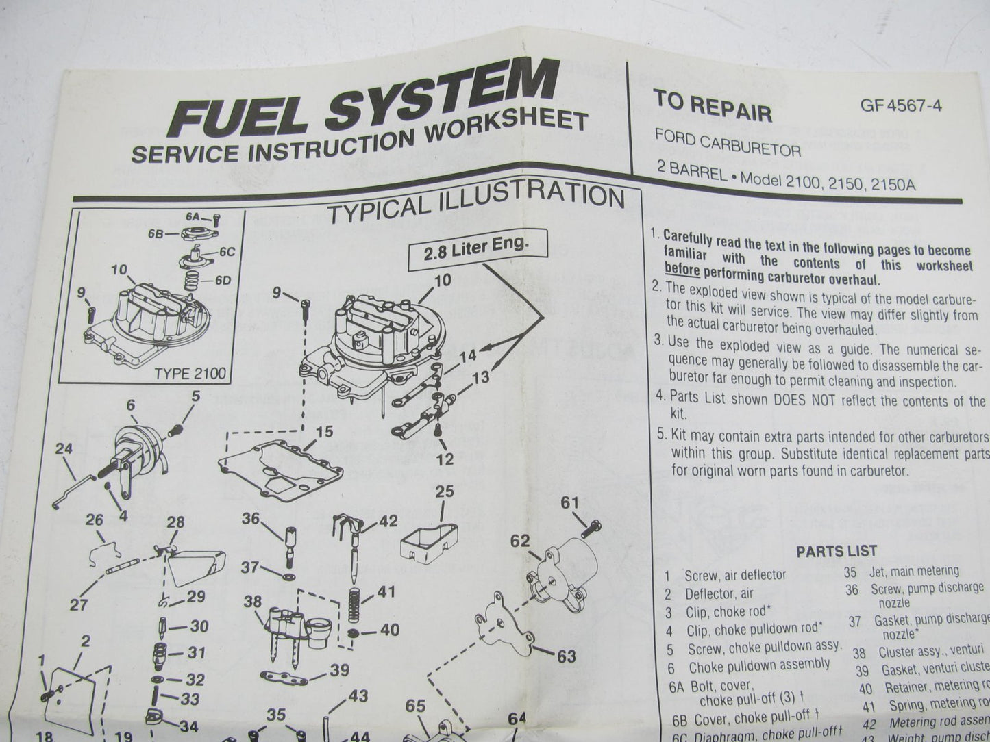 Hygrade 1238 Carburetor Rebuild Kit - 1981 Ford Motorcraft 2150 2-BBL