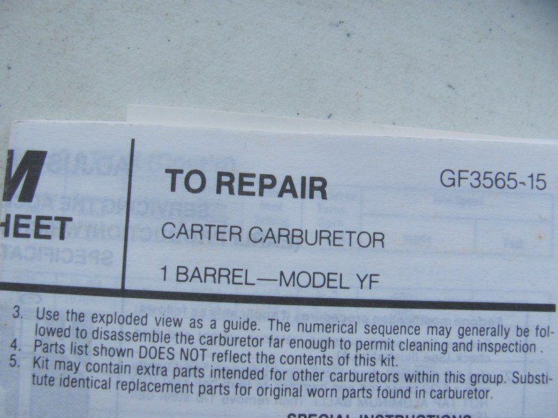 Hygrade 328A Carburetor Repair Kit - 62-67 GM Checker 153 194 230 Carter 1BBL YF