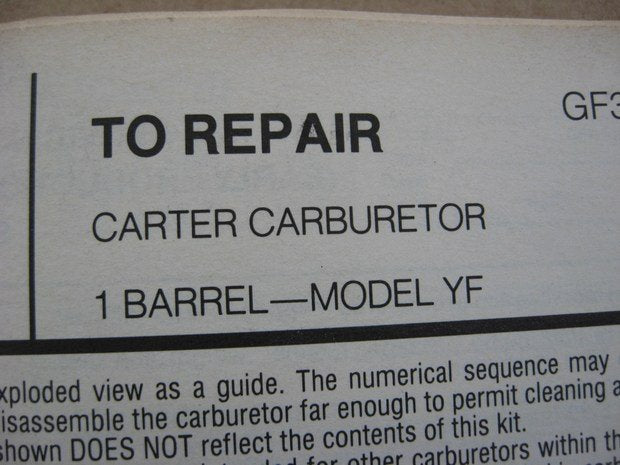 Hygrade 328A Carburetor Repair Kit - 62-67 GM Checker 153 194 230 Carter 1BBL YF