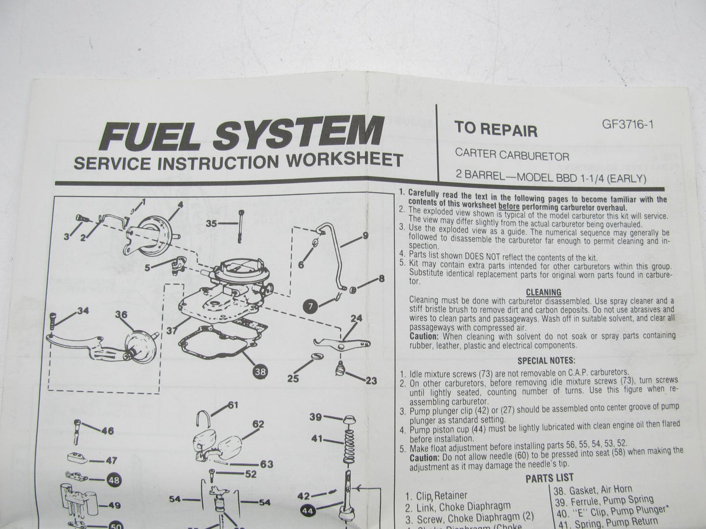 Hygrade 346B Carburetor Rebuild Kit For 1975-76 Dodge Carter BBD 1-1/4