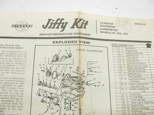Hygrade 552R Carburetor Rebuild Kit For 1971 Plymouth 2G 2GC 2GV Rochester 2-BBL