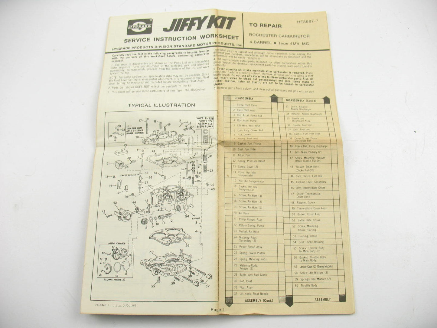Hygrade 635 Carburetor Rebuild Kit - Rochester 4MV, 4MC 4-BBL Carburetor