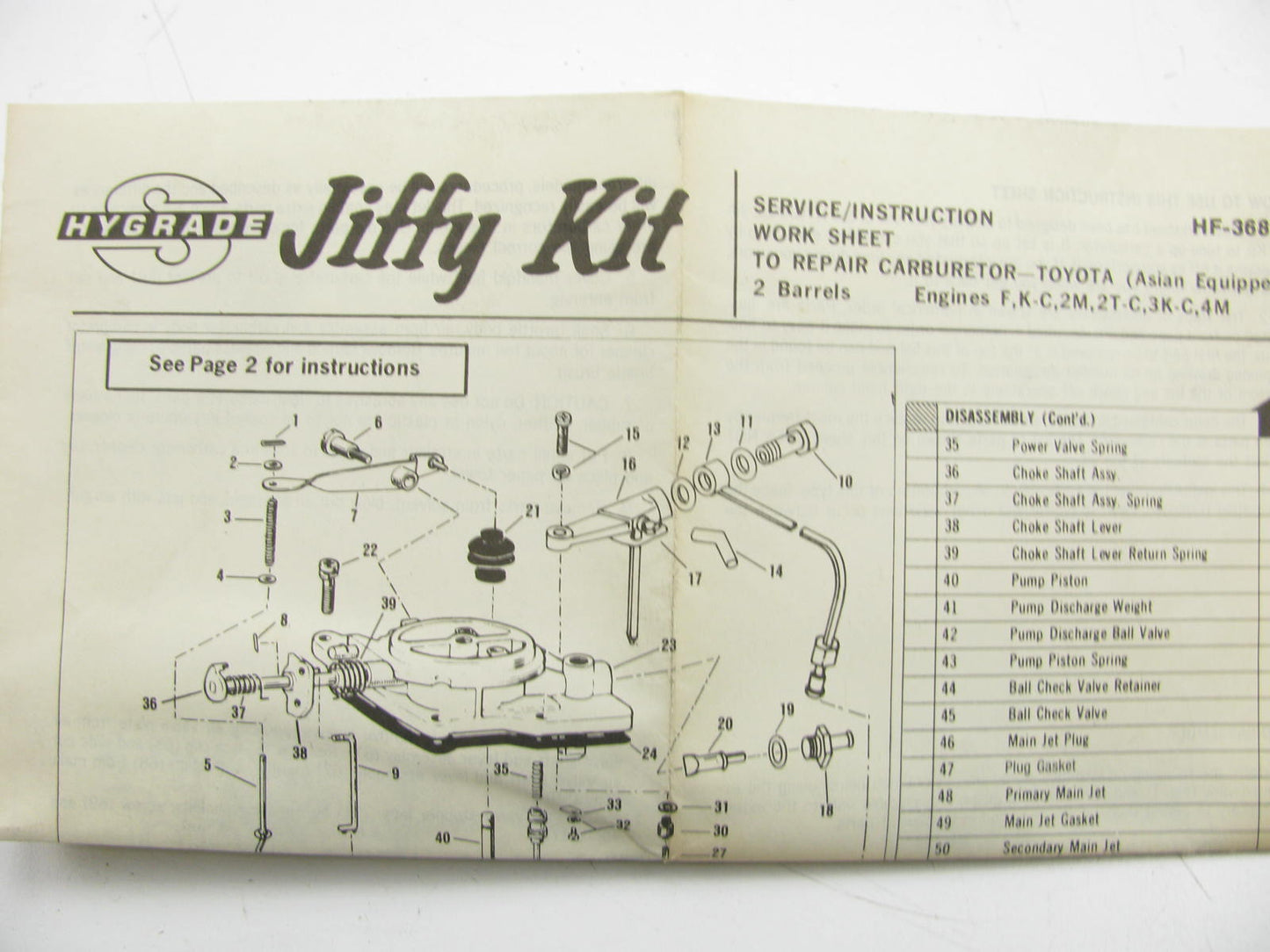 Hygrade 799 Carburetor Rebuild Kit For 1975-1979 Toyota Asian 2-BBL