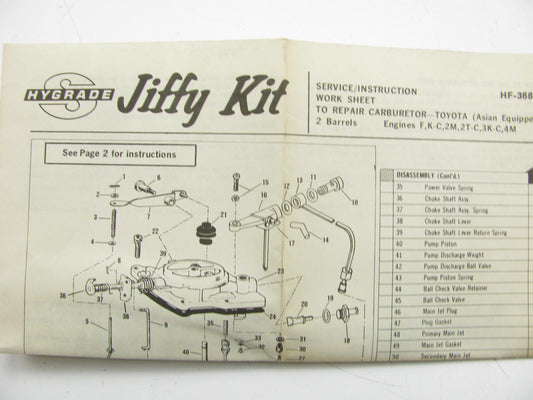 Hygrade 799 Carburetor Rebuild Kit For 1975-1979 Toyota Asian 2-BBL