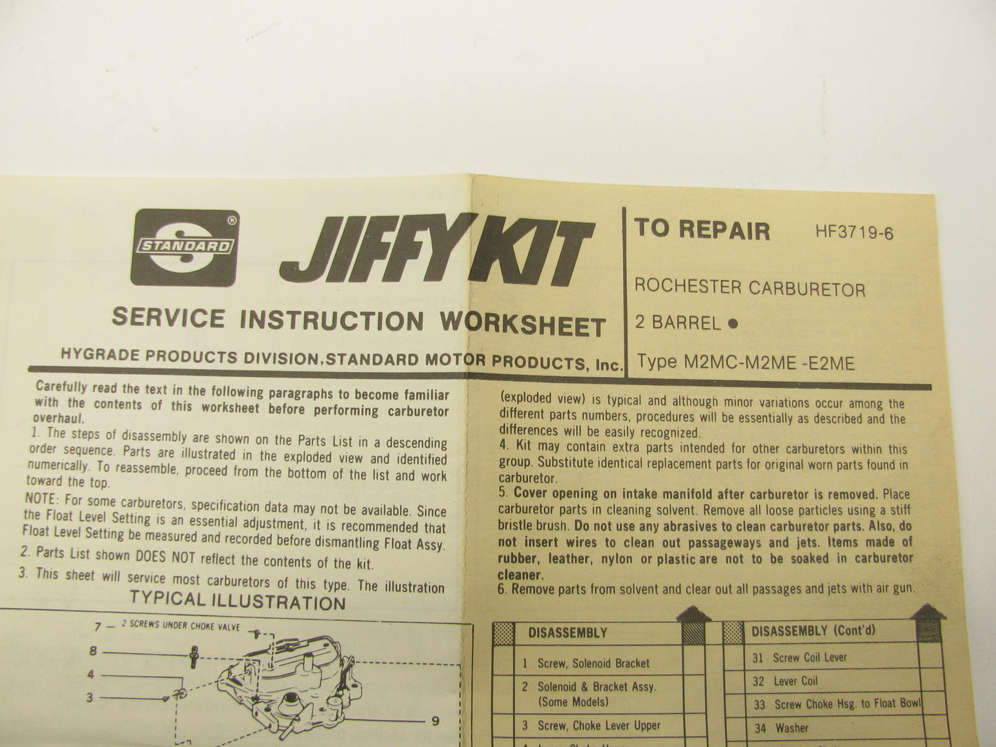 Hygrade 954 Carburetor Rebuild Kit 1977-1980 GM Rochester 2-BBL M2MC M2ME E2ME