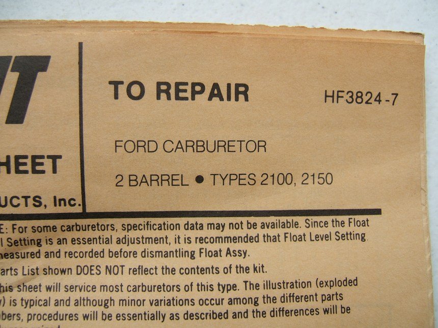 Hygrade 979A Carburetor Repair Rebuild Kit  Ford MOTORCRAFT 2-BBL 2100 2150