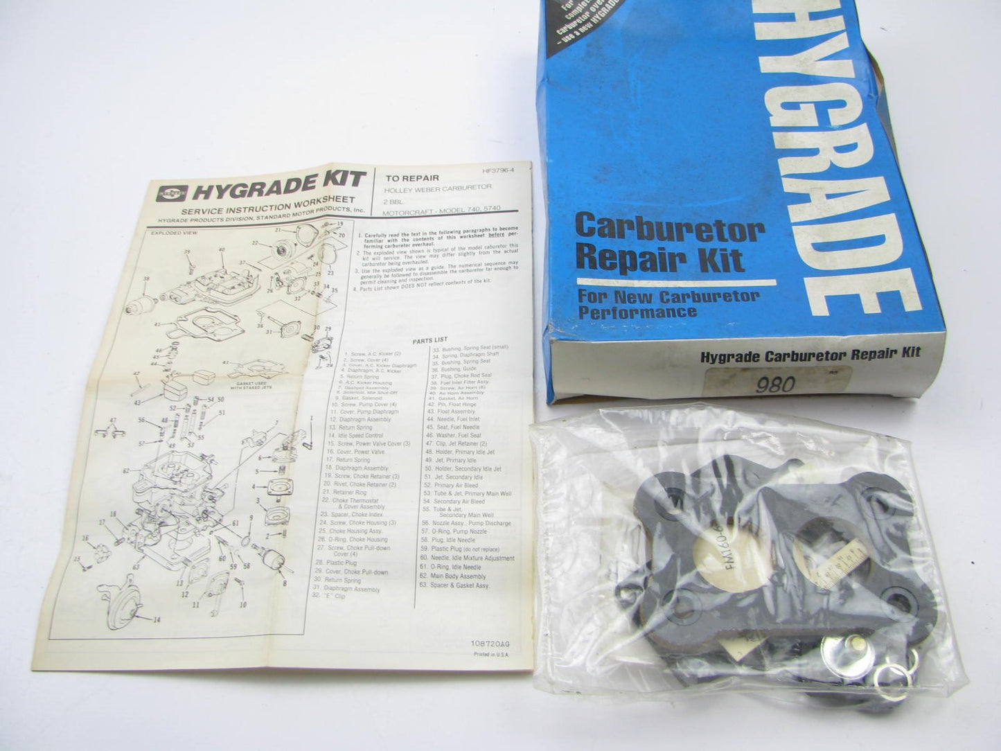 Standard Hygrade 980 Carburetor Rebuild Kit 1978-80 Ford Fiesta 1.6L Model 740