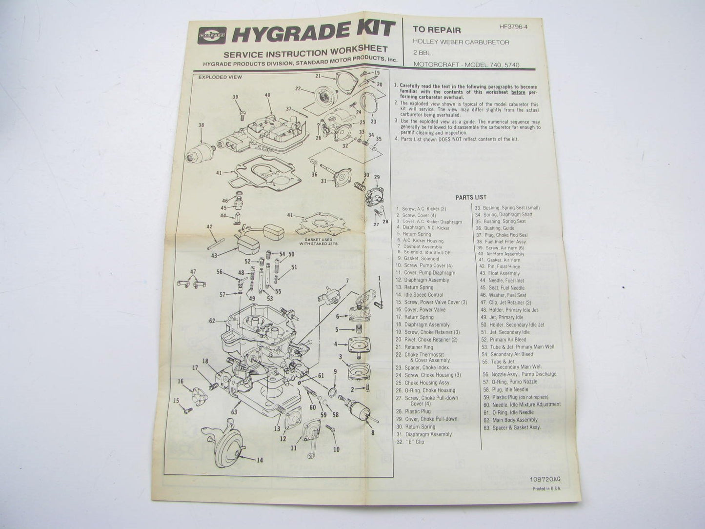 Standard Hygrade 980 Carburetor Rebuild Kit 1978-80 Ford Fiesta 1.6L Holley 740