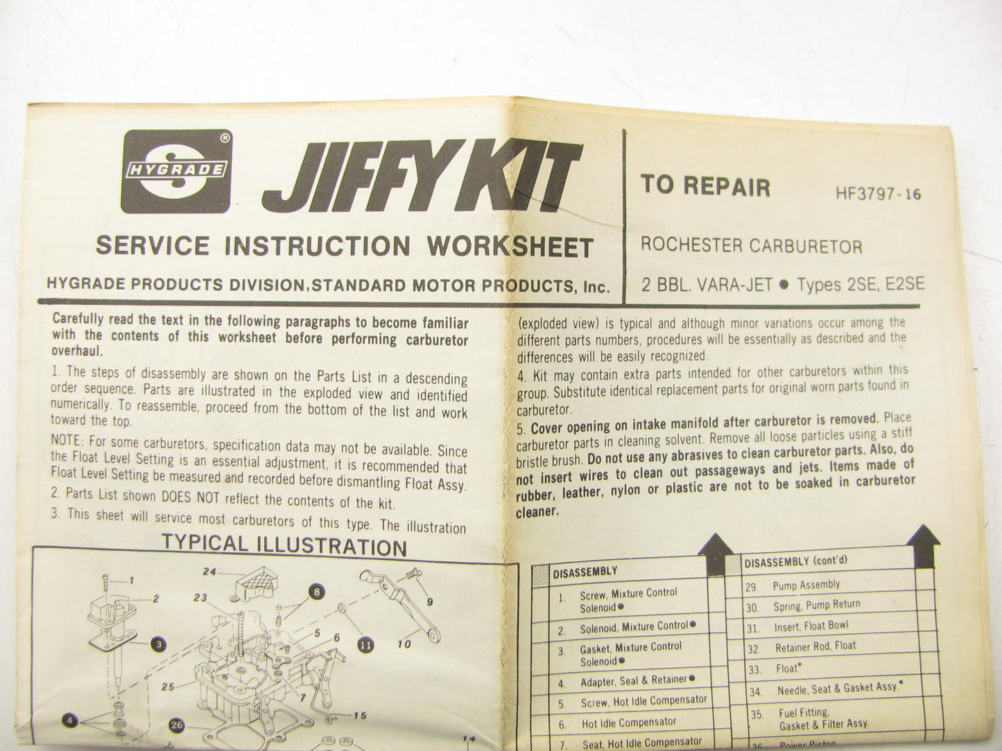 Hygrade 987 Carburetor Rebuild Kit 1979-80 Chevy 250 4.1L I6 2BBL 2SE Rochester