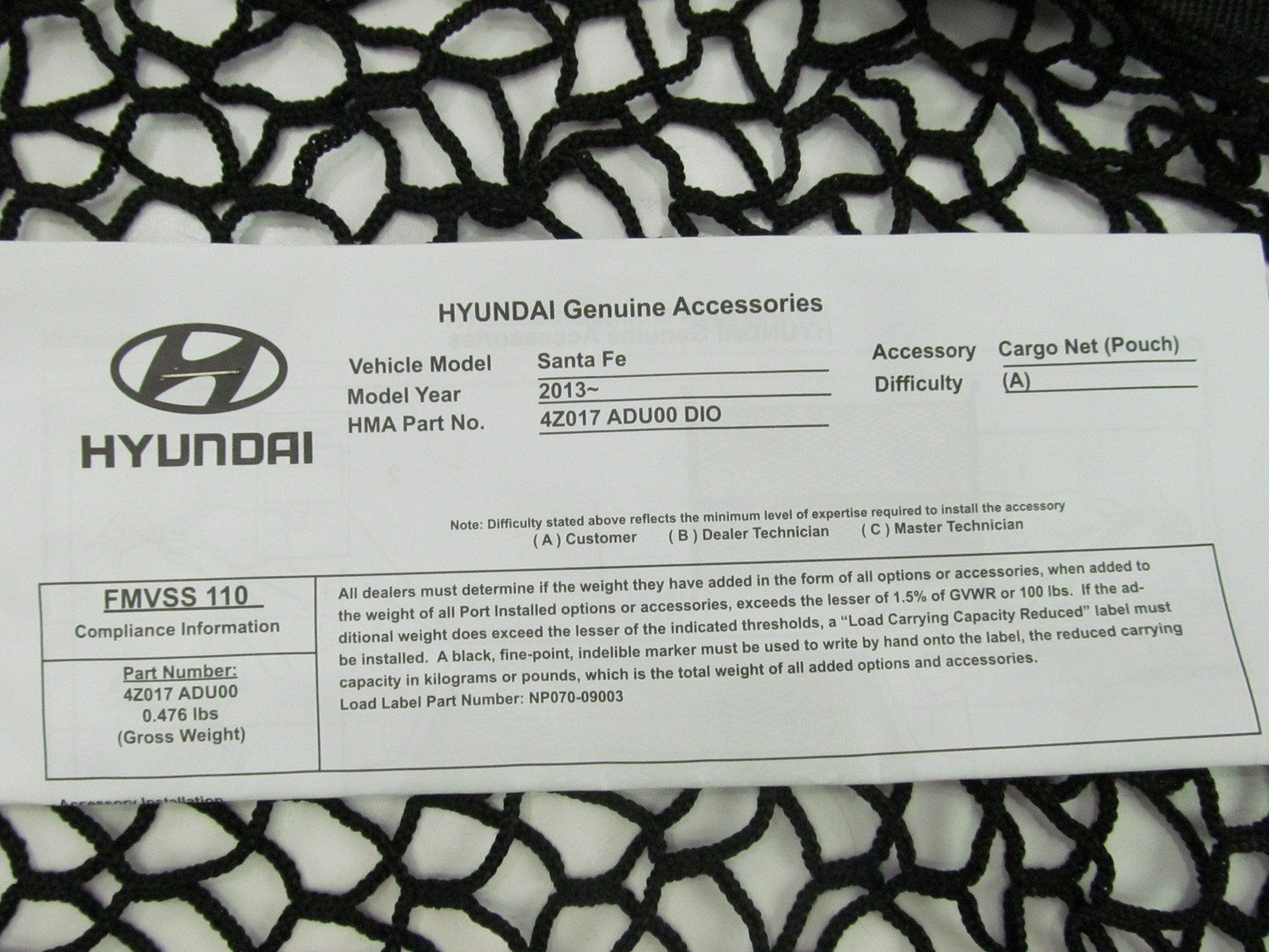 NEW GENUINE Rear Cargo Net OEM For 2013-2015 Hyundai Santa Fe  4Z017ADU00