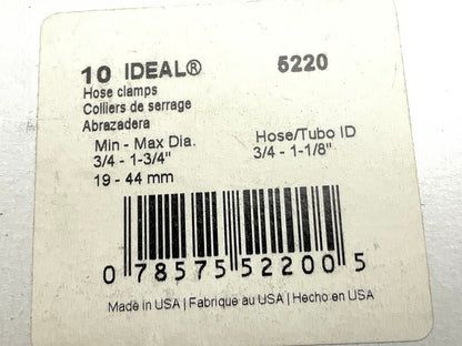 (10) Ideal 5220 Hose Clamps Min. 3/4'' - Max. 1-3/4'' (For Hose ID 3/4'' - 1-1/8'')