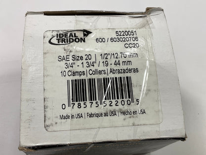 (10) Ideal 5220051 Worm Gear Hose Clamps, SAE Size # 20,  3/4'' To 1-3/4''