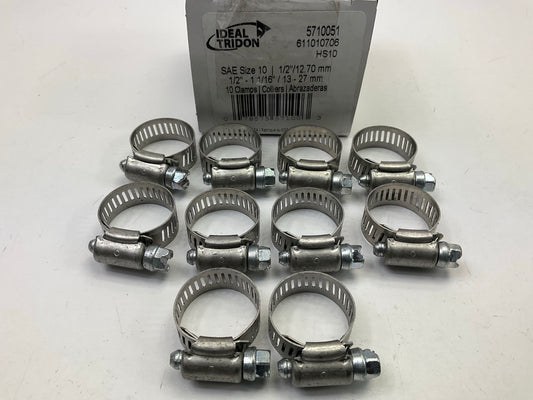 (10) Ideal 5710051 SAE Size 10, 1/2'' To 1-1/16'' Diameter Hose Clamps