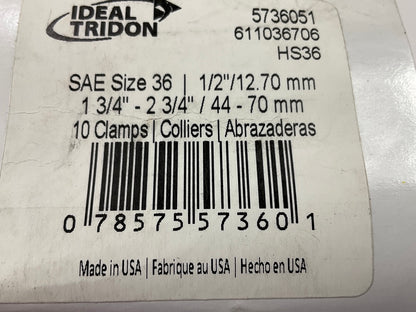 (10) Ideal 5736051 Worm Gear Hose Clamp, SAE Size # 36, 1-3/4'' To 2-3/4''