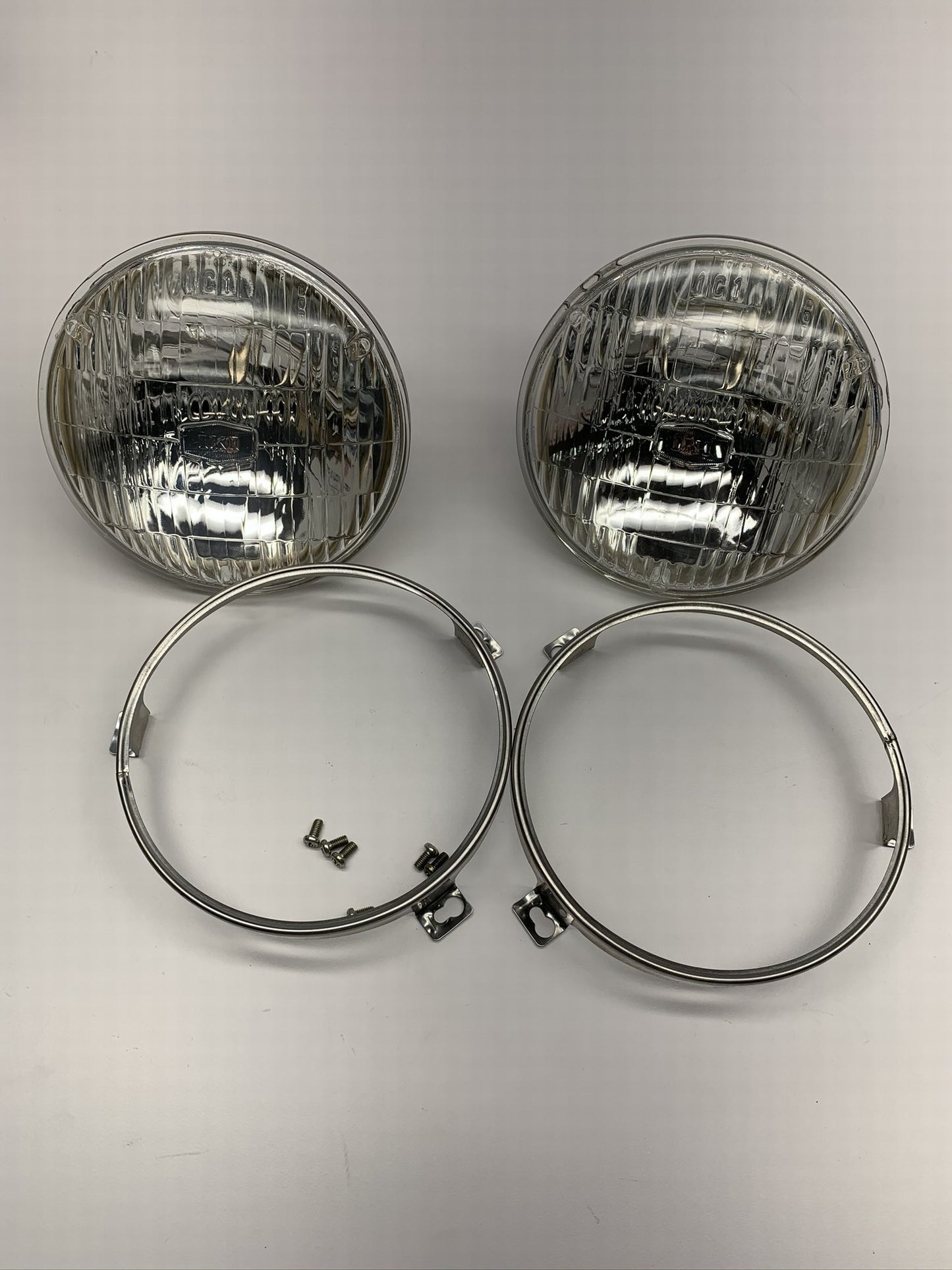 (2) Vintage IKI 5.75'' Round Headlight Head Lamps Chrome Mount Rings H5001 H5006
