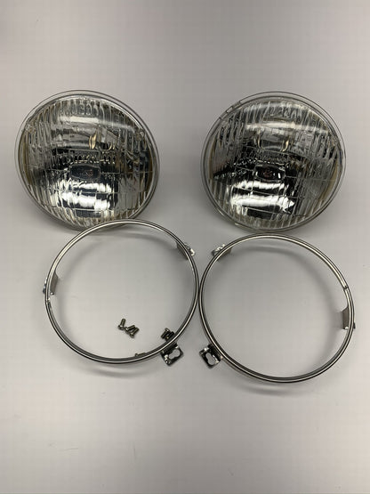 PAIR - Vintage NOS Genuine IKI 5.75'' Headlight Head Lamps W/ Chrome Mount Rings