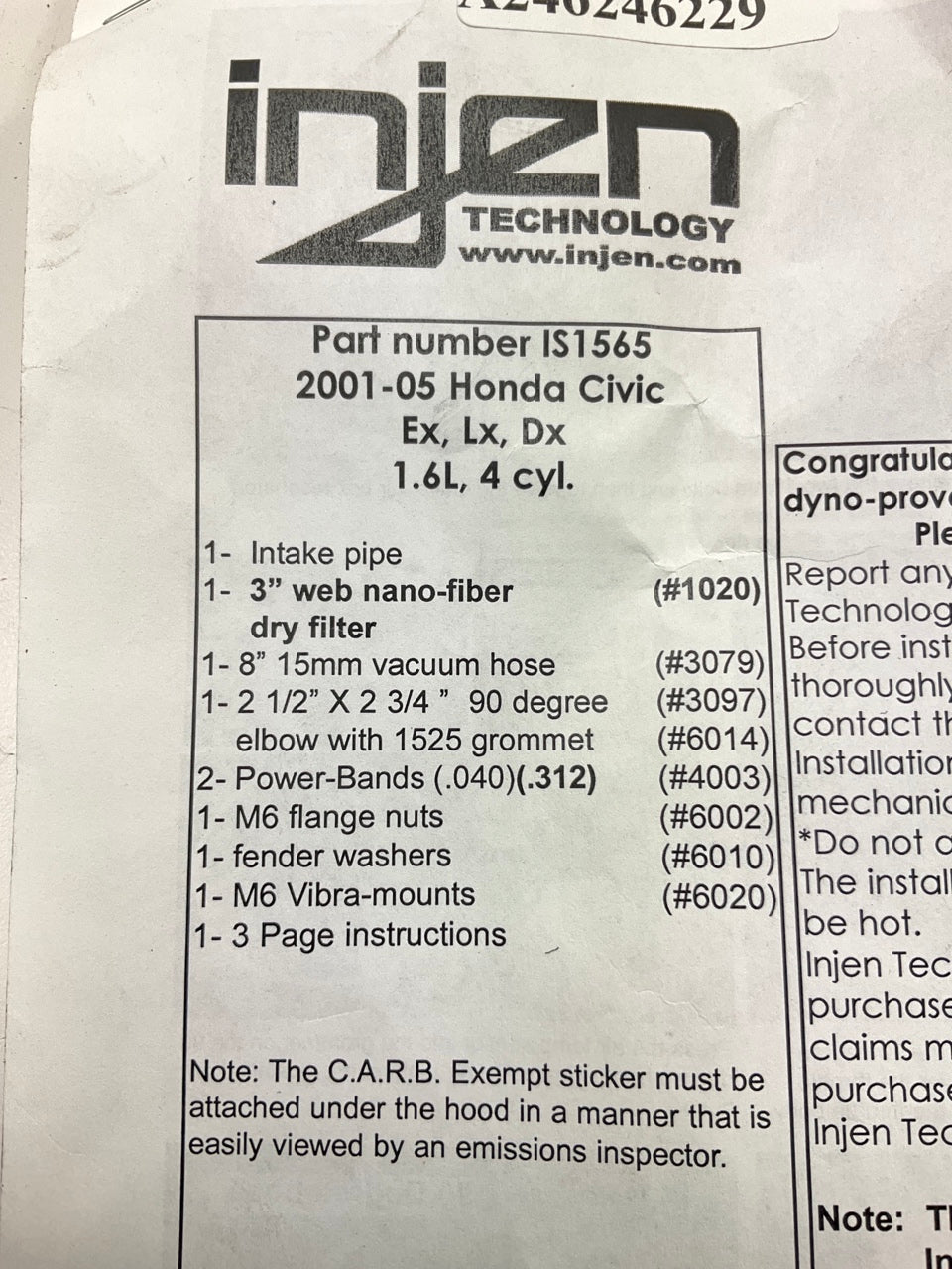 Injen IS1565P SHORTRAM Cold Air Intake System For 2001-2005 Honda Civic
