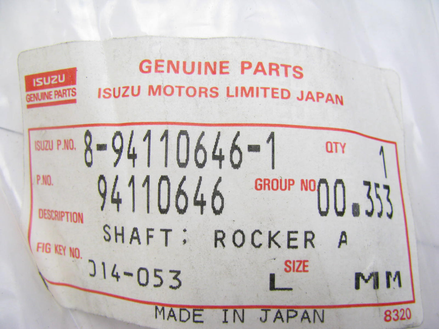 NEW - OEM Isuzu 8-94110646-1 Engine Intake Rocker Arm Shaft 1984-1985 1.9L-L4