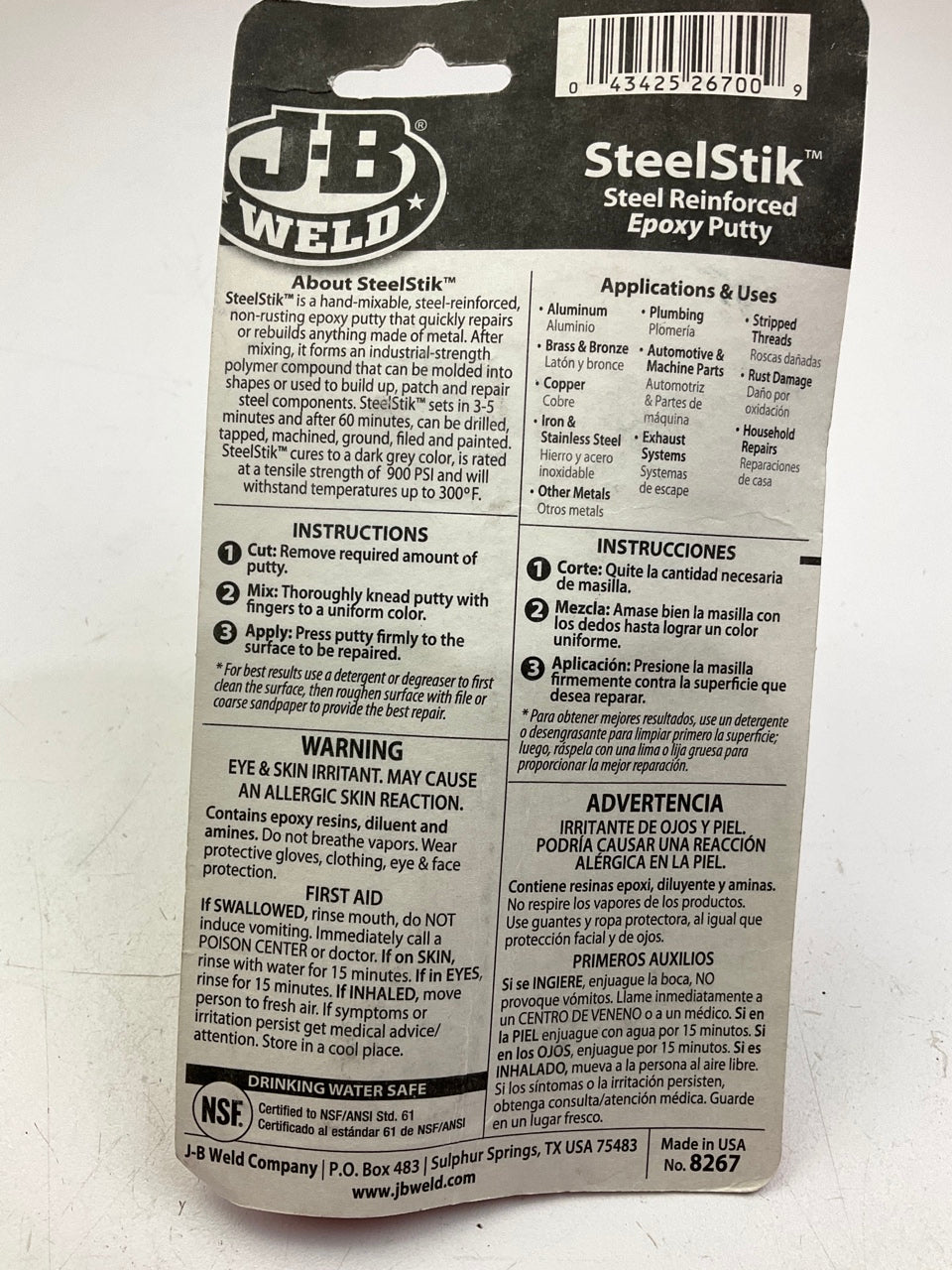 J-B Weld 8267 SteelStik Steel Reinforced Epoxy Putty Stick - 2 Oz.