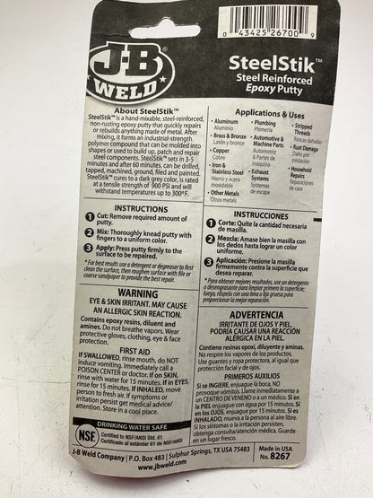 J-B Weld 8267 SteelStik Steel Reinforced Epoxy Putty Stick - 2 Oz.