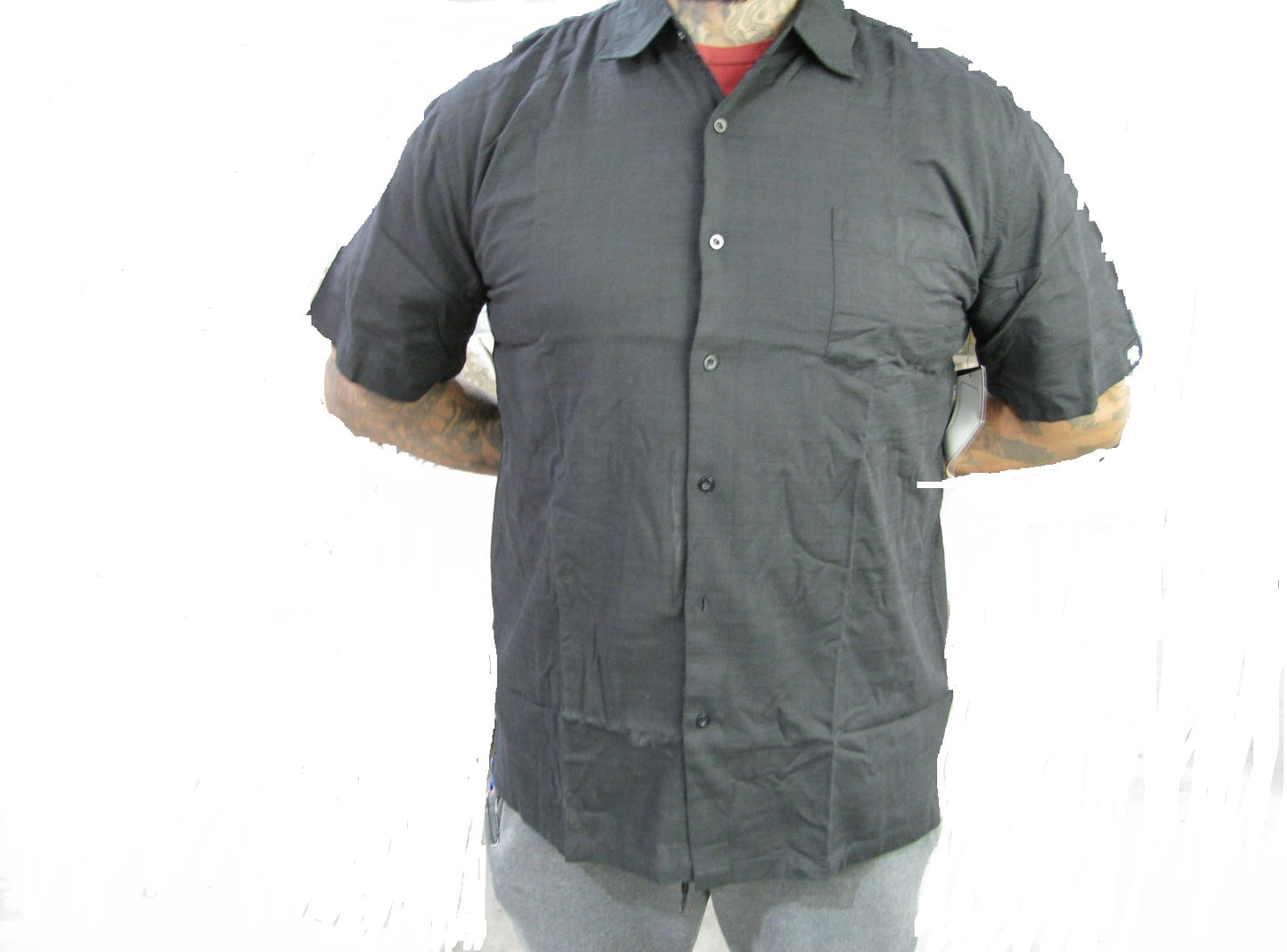 K&N BUTTON UP LARGE WOVEN BLACK DRESS TECH SHIRT - SHORT SLEEVE - BLACK