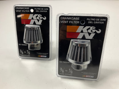 (2) K&N 62-1600WT Crankcase Vent Filter / Breather, Clamps On 3/8''-1/2'' Tubing