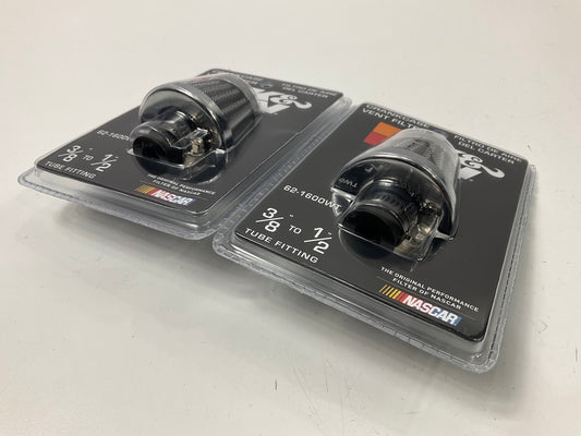 (2) K&N 62-1600WT Crankcase Vent Filter / Breather, Clamps On 3/8''-1/2'' Tubing