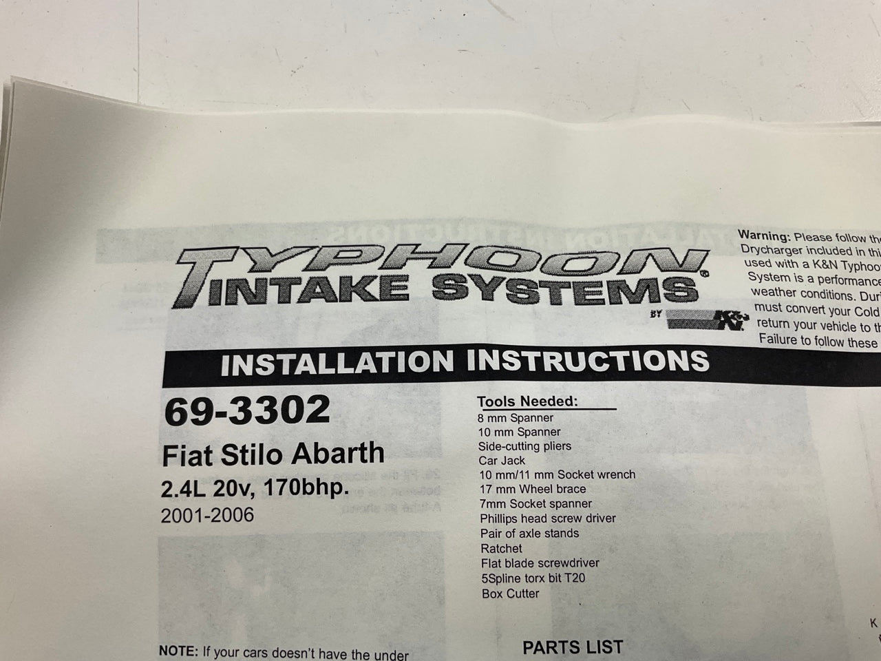 K&N 69-3302TP Performance CAI Cold Air Intake System - 2001-2006 Fiat Stilo 2.4L