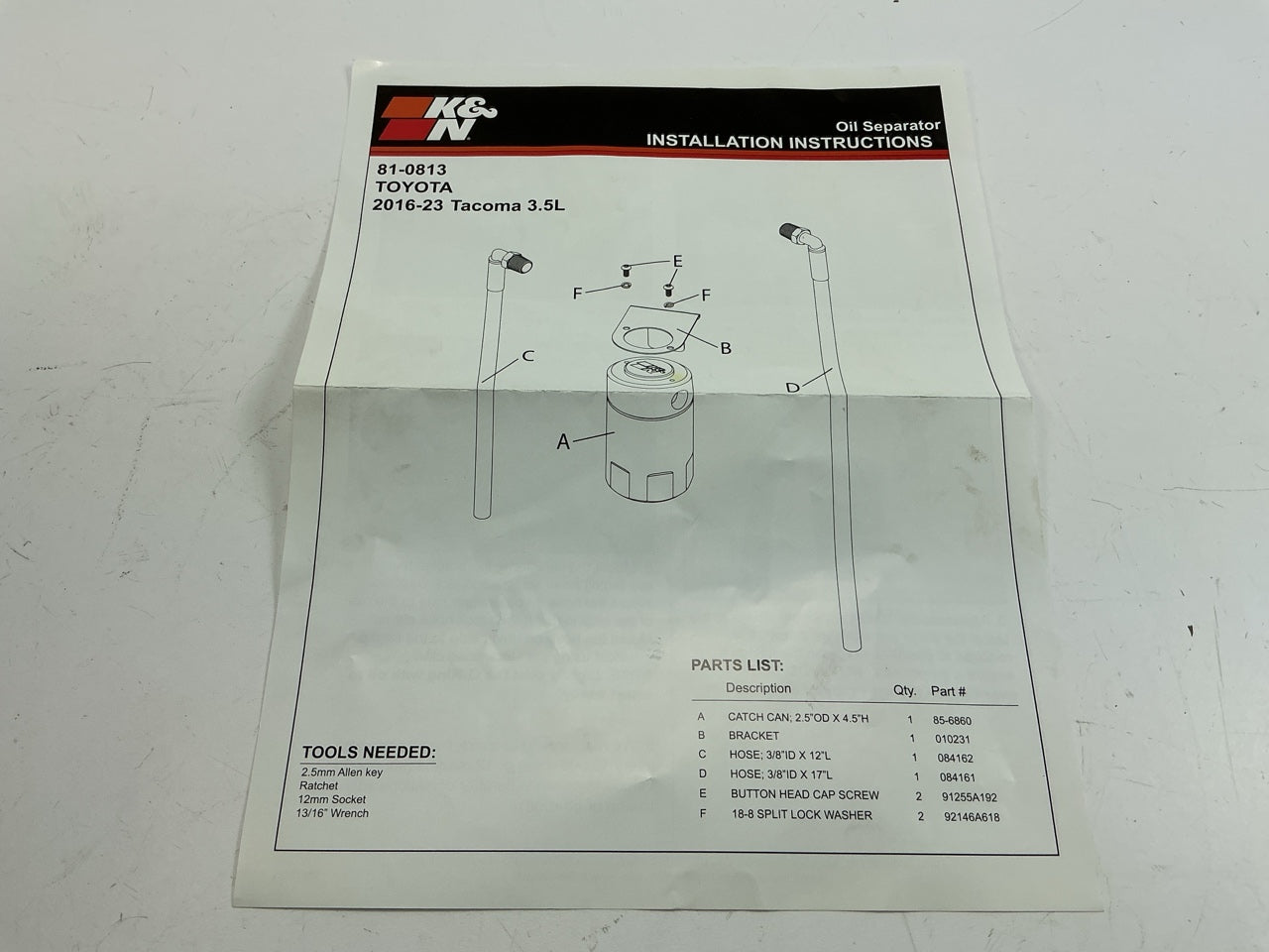 LIGHTLY USED - K&N 81-0813 Air Oil Separator Oil Catch Can 16-23 Tacoma 3.5L V6
