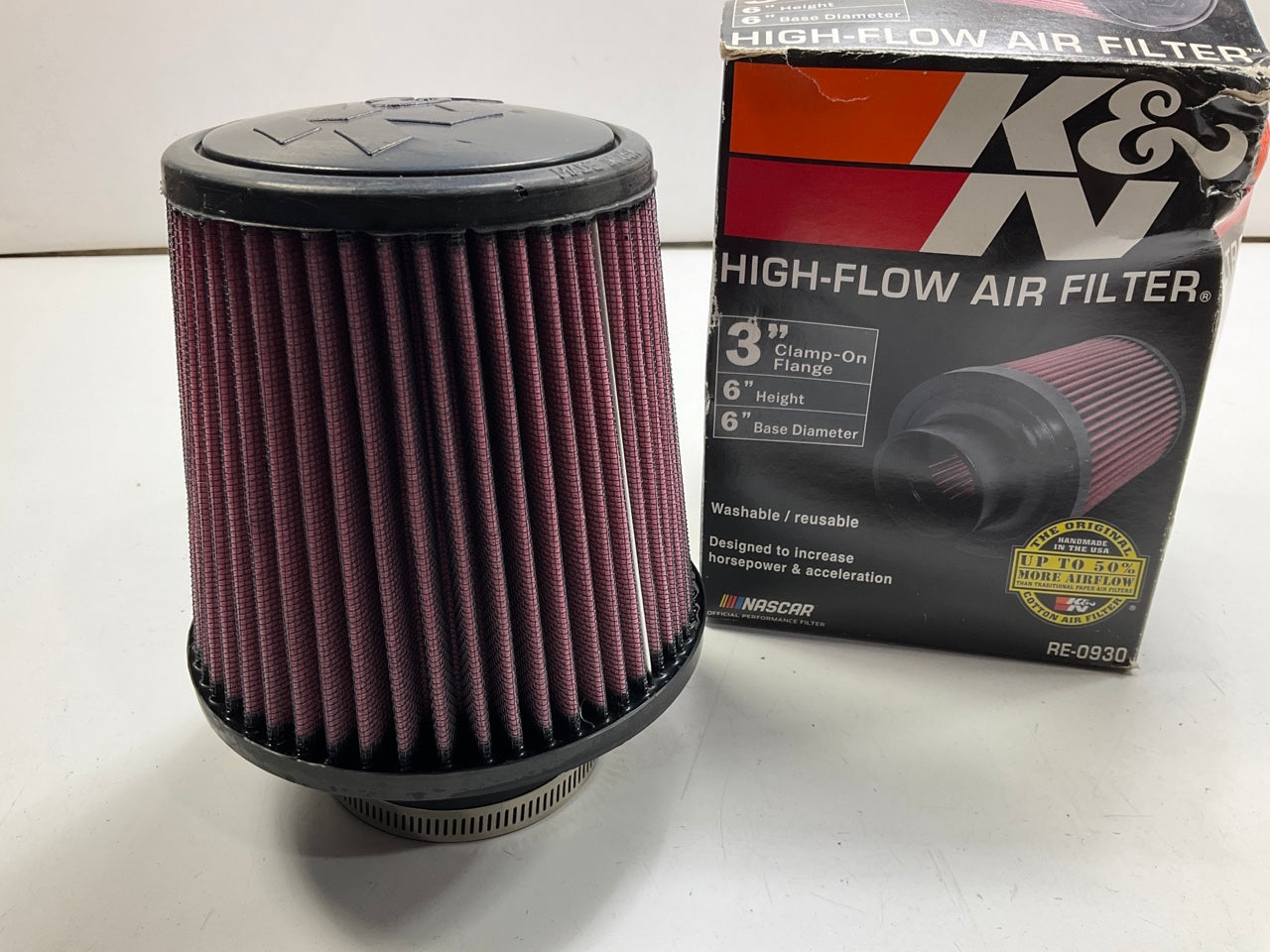 K&N RE0930 High Flow Performance Universal Clamp-on Air Filter 3'' Inlet, 6'' Tall