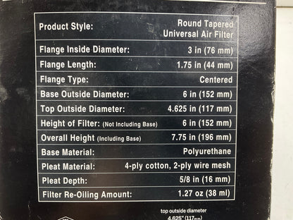 K&N RE0930 High Flow Performance Universal Clamp-on Air Filter 3'' Inlet, 6'' Tall