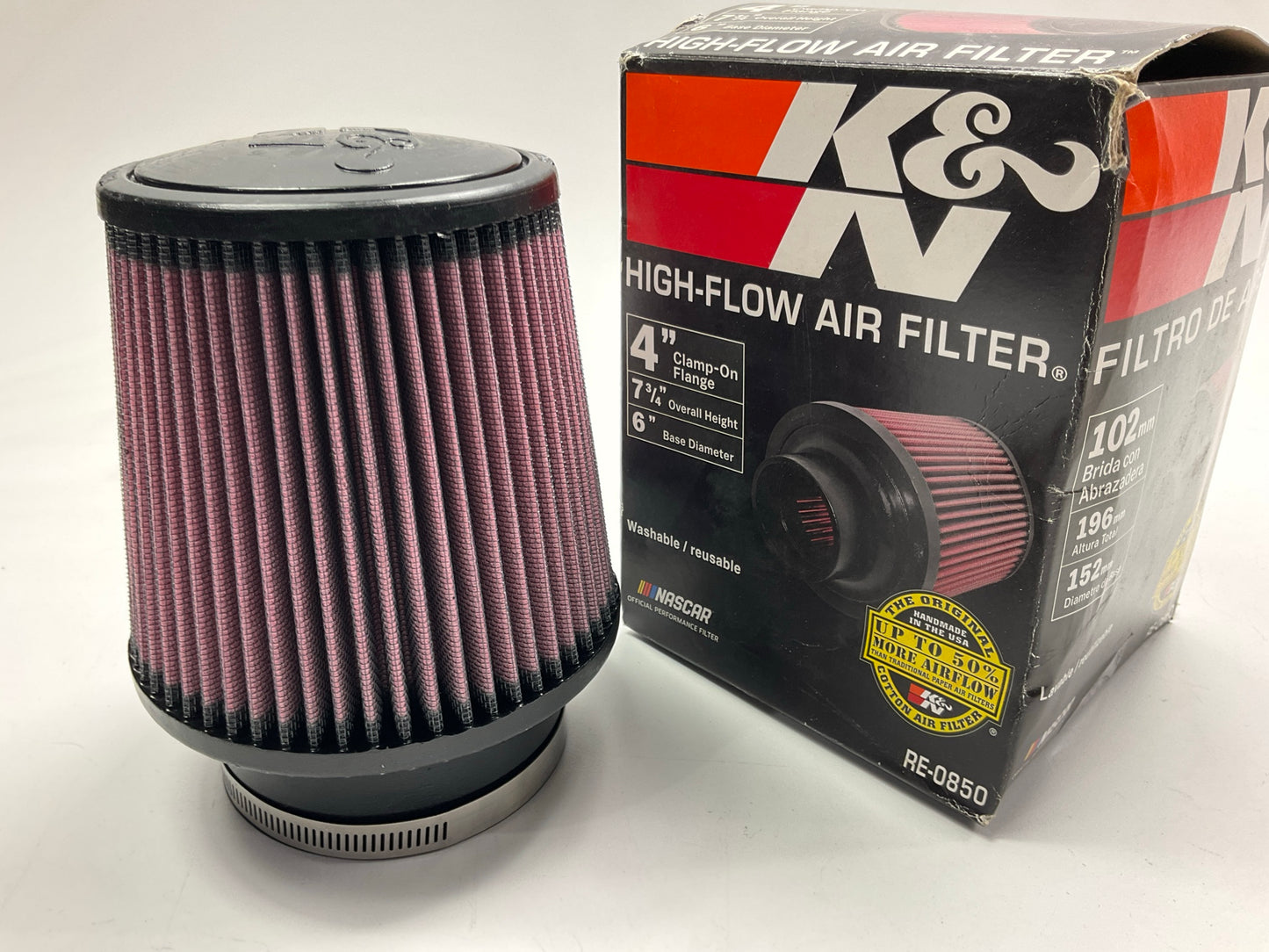 K&N RE0850 Performance High Flow Cold Air Intake Air Filter 4'' Inlet, 6'' Tall