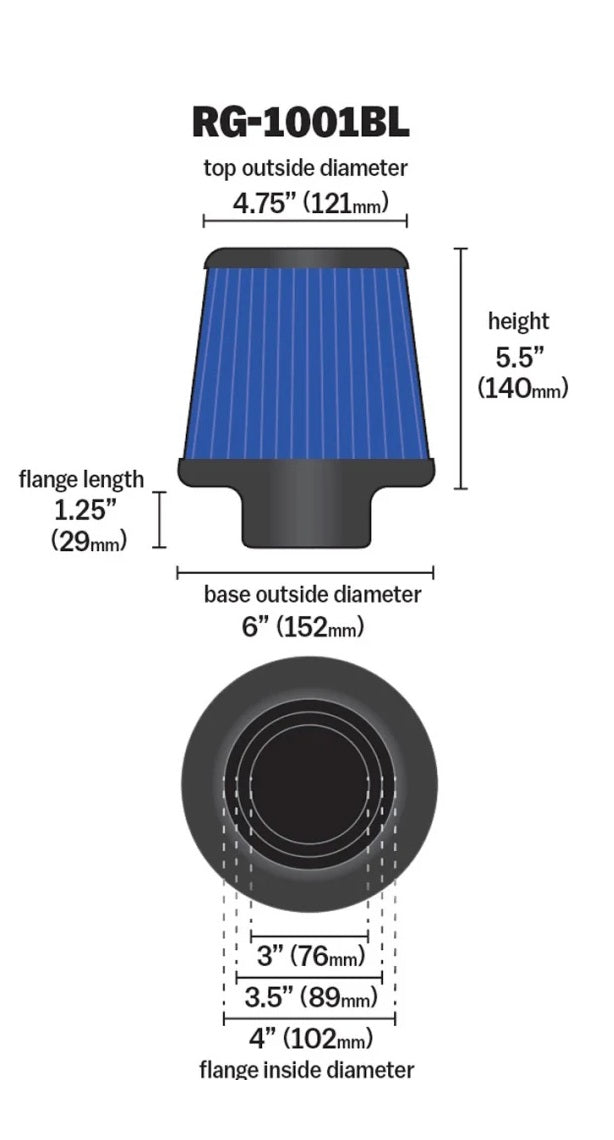 K&N RG-1001BL-L 3'' 3.5'' 4'' Inlet Round Tapered Universal Air Intake Cone Filter