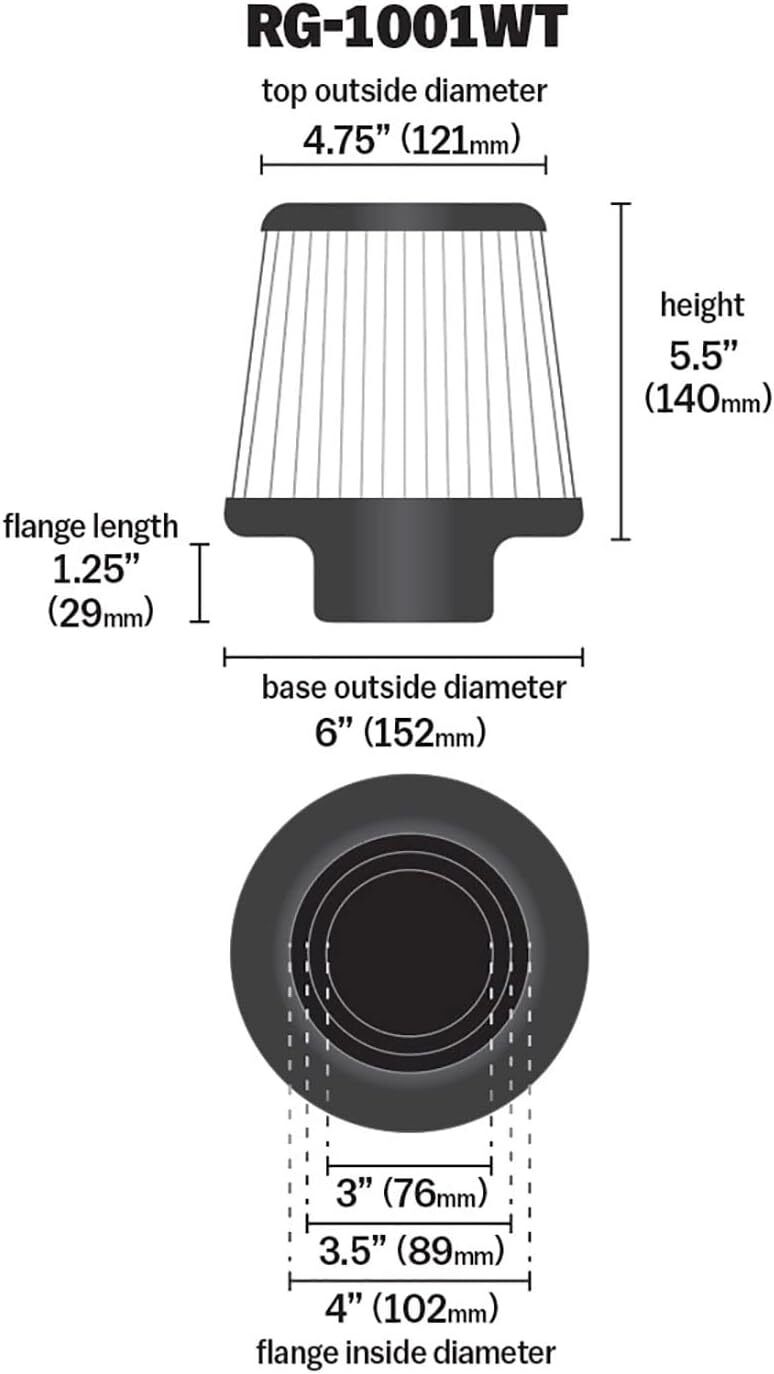COSMETIC DAMAGE - K&N RG-1001WT-L Performance Clamp-on Washable Cone Air Filter