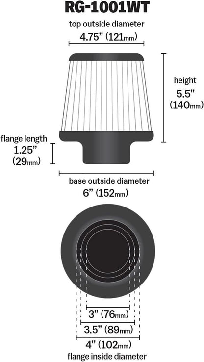 COSMETIC DAMAGE - K&N RG-1001WT-L Performance Clamp-on Washable Cone Air Filter