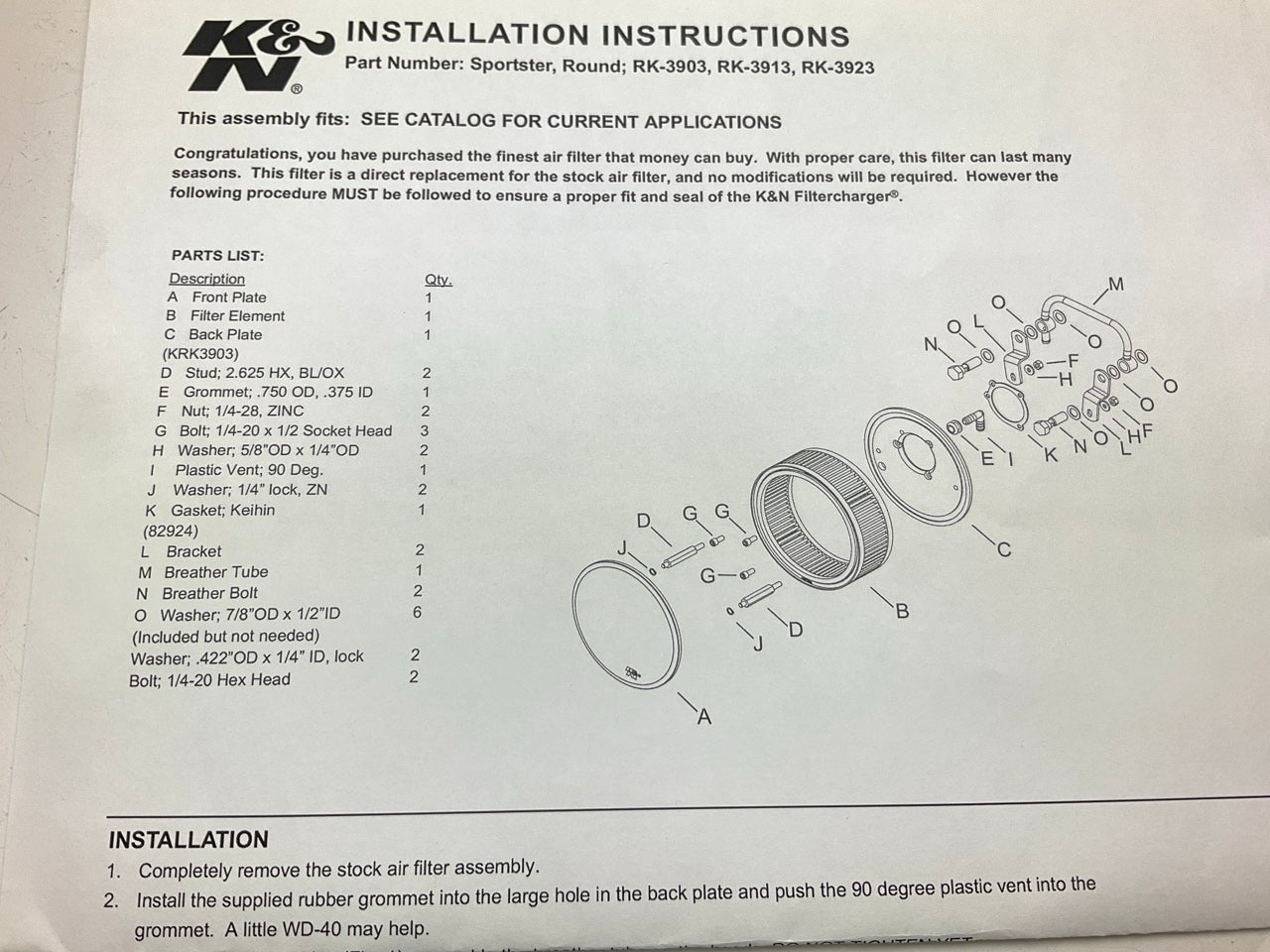 K&N RK-3913 Performance Air Intake System For 1991-1997 Harley XL1200 Sportster