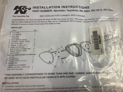 K&N RK-3914 Teardrop Grooved Intake System For 1991-1997 Harley Davidson XLH1200