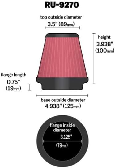 K&N RU-9270 Universal Clamp-On Cold Air Intake Air Filter 3-1/8'' Inlet, 4'' Tall