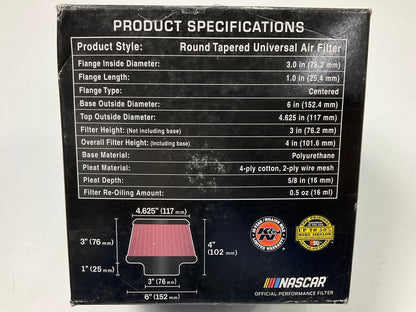 DUAL Performance Cold Air Intake Air Filters K&N RU5288, 3'' Inlet, 3'' Tall