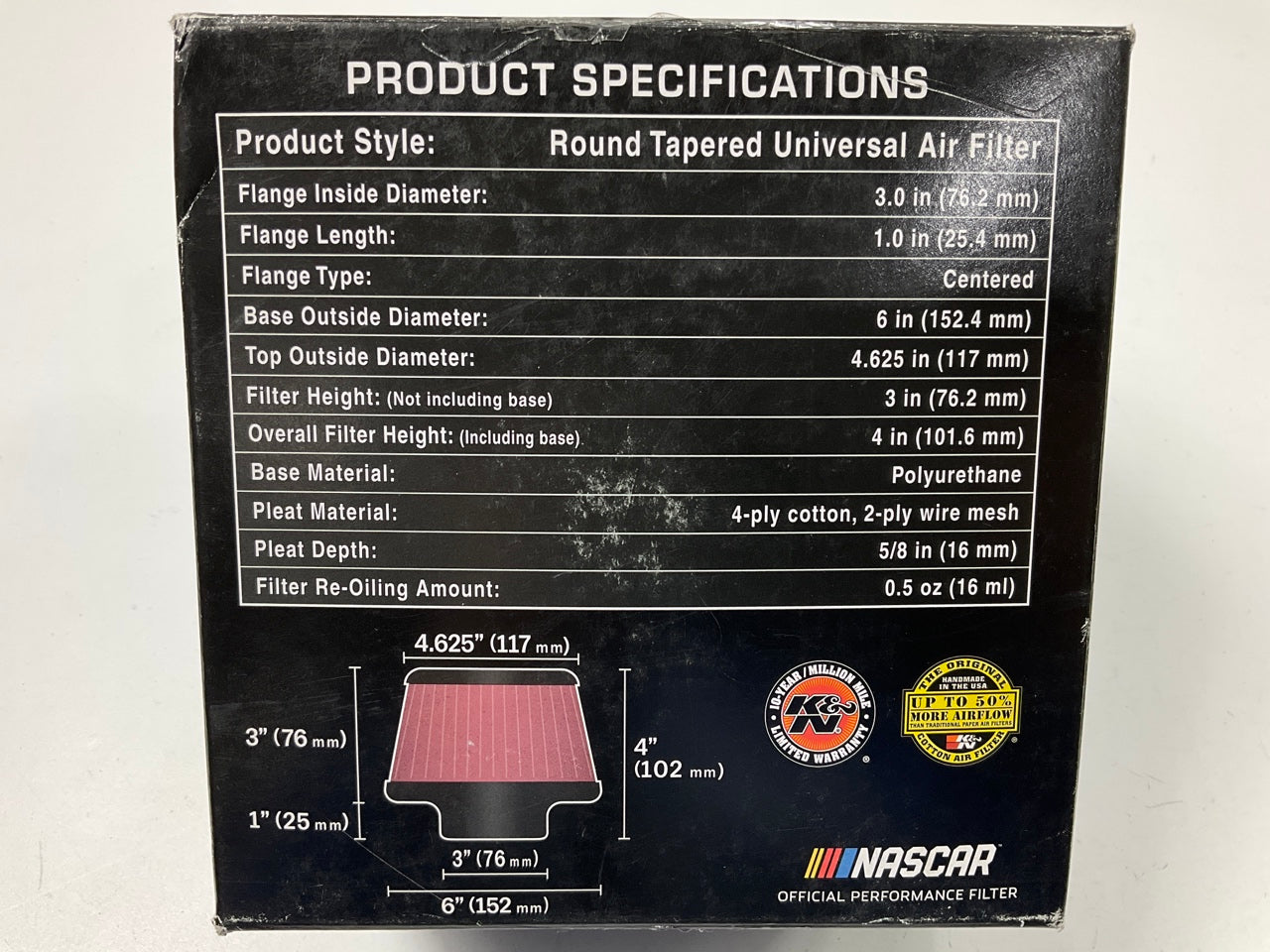 K&N RU5288 3'' Clamp-On Performance Cold Air Intake Air Filter, 6'' Base