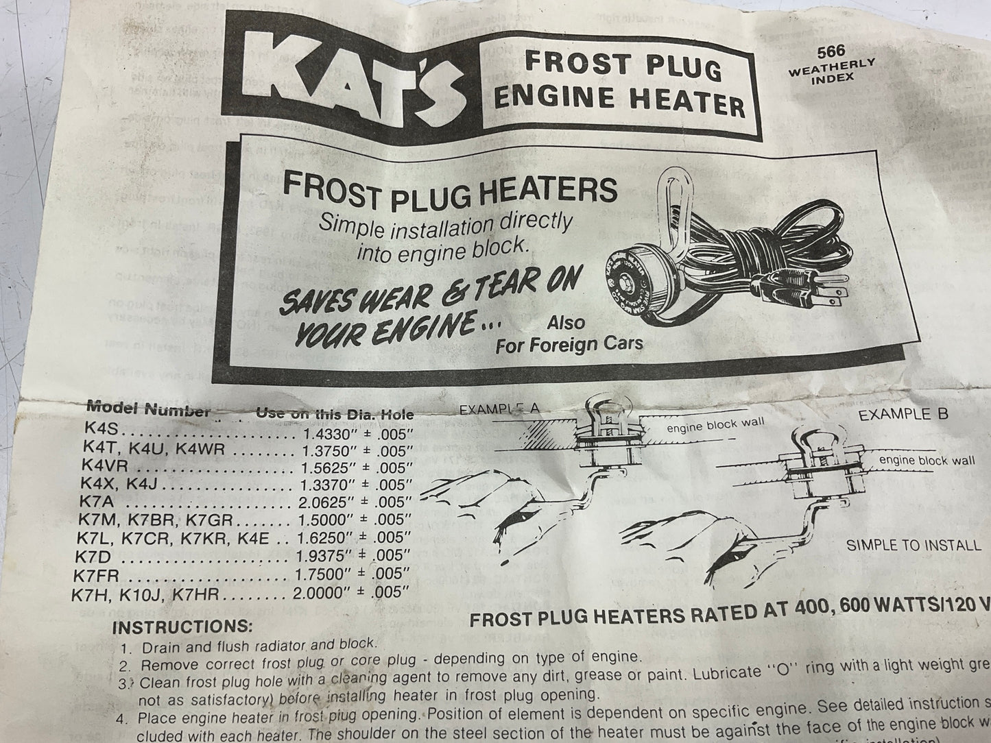 Kats K7M Engine Block Freeze Frost Plug Heater 1.5'' (38mm), 600 Watts 120 Volt