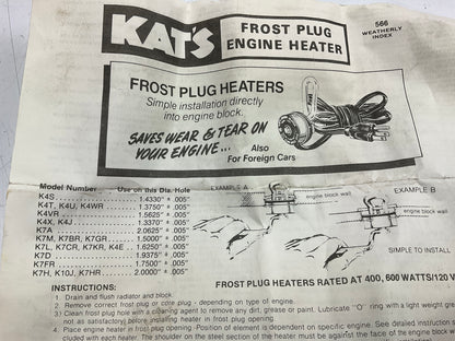 Kats K7M Engine Block Freeze Frost Plug Heater 1.5'' (38mm), 600 Watts 120 Volt